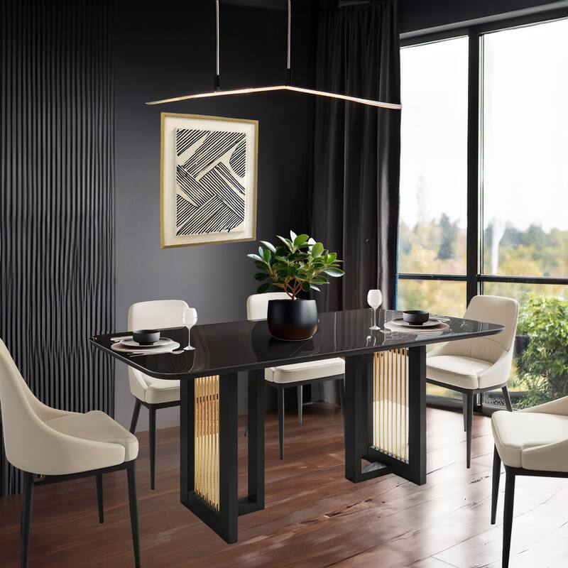 Glass top Luxury Black & Gold Dining Table for 6 - Black-Gold
