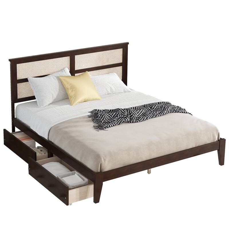 King Size Bed with Rattan Headboard and Storage Drawers, Rubber Wood Frame, Espresso Finish