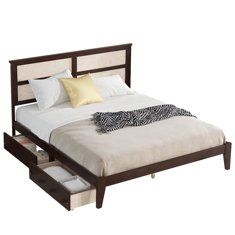 Queen Platform Bed with Rattan Headboard, 2 Drawers, Solid Rubber Wood Frame