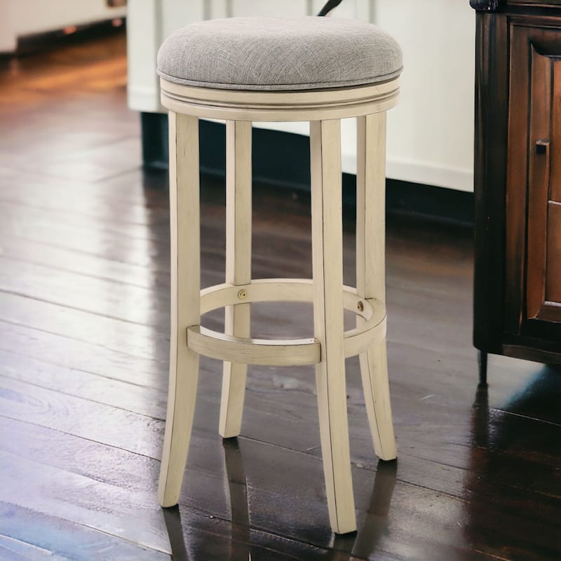 Ivory Wood Swivel Round Bar Stool with Grey Upholstered Seat and Footrest