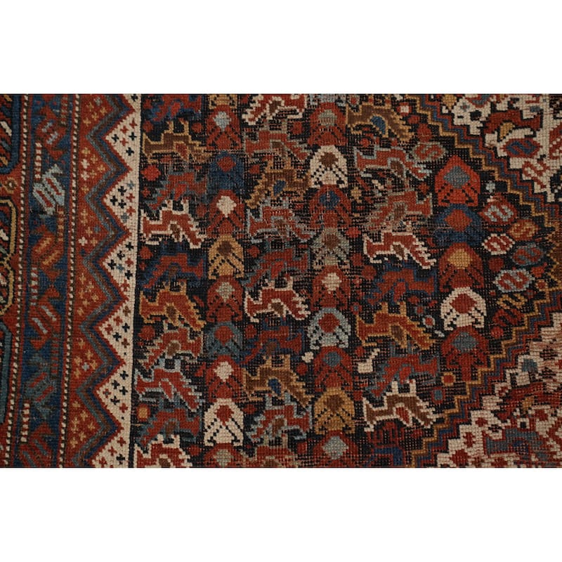 Hand Knotted Oriental 100% Wool Carpet Traditional Tribal Navy Blue & Blues Qashqai Area Rug - 8' 10'' X 4' 10''