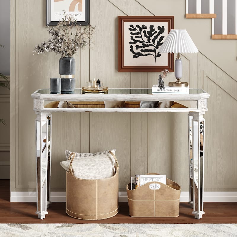 GDF Studio - Rutherford Art Deco Wood and Glass Console Table - Oak and Silver