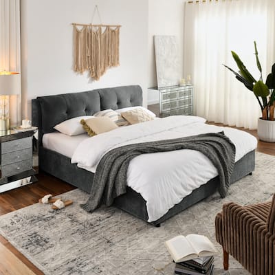 King Size Storage Upholstered Hydraulic Platform Bed with Integrated Headboard,Chenille Fabric