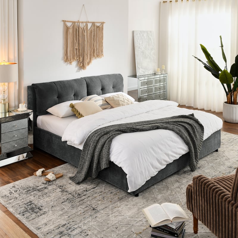 Storage Upholstered Hydraulic Platform Bed with Integrated Headboard for Bedroom