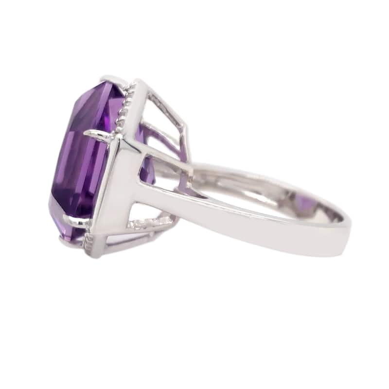 925 Sterling Silver Brazilian Amethyst, White Natural Zircon Hexagon Cut Ring