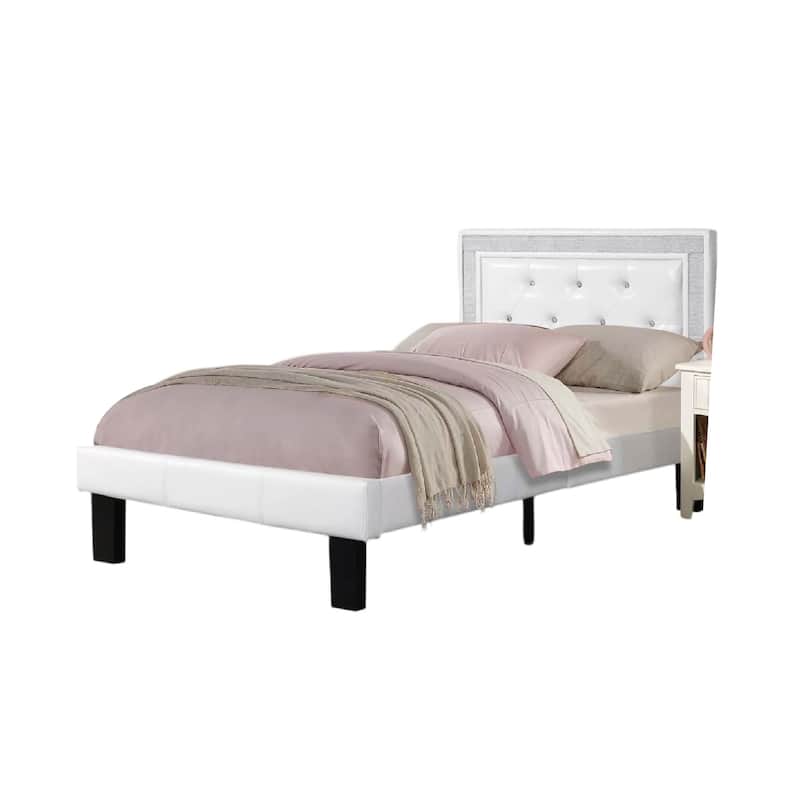 Mannie Twin Bed with Silver Trim, White Button Tufted Faux-Leather