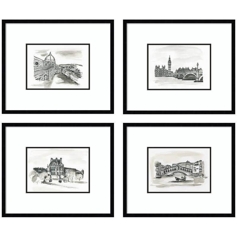 Kate and Laurel Vintage Europe 4 Piece Framed Wall Art Print Set by Teju Reval - 4 Piece Set 21x25 - Black