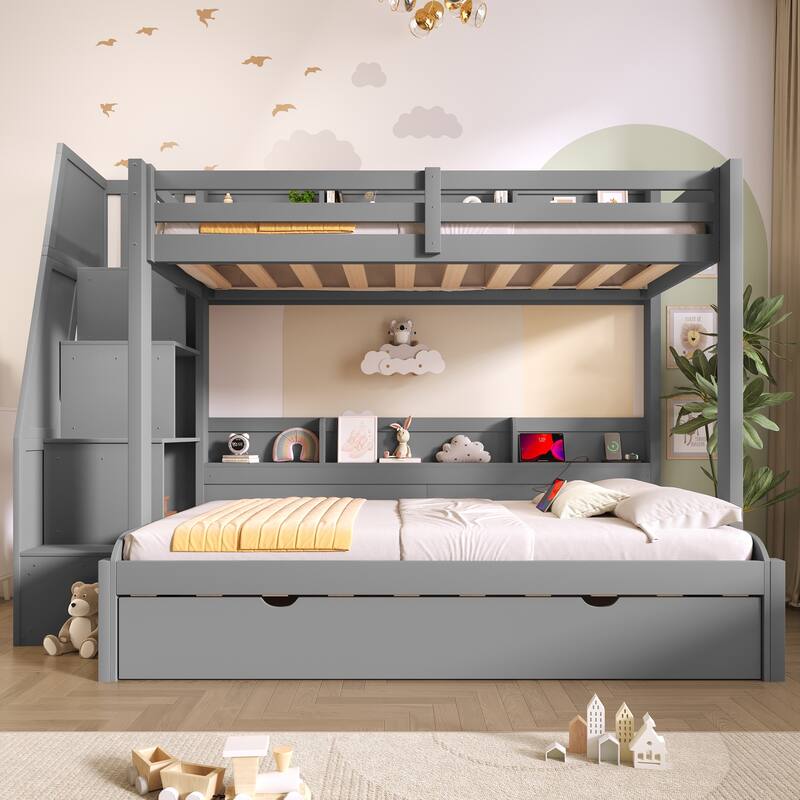 Roomfitters Twin Over Full Bunk Bed with Storage Staircase, Trundle, LED and USB
