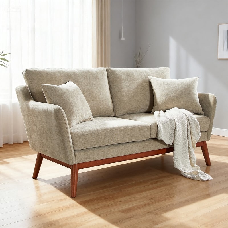 Linen Blend Mid-Century Modern Small Spaces Loveseat Two-Seater Sofa With Solid Wood Base - khaki