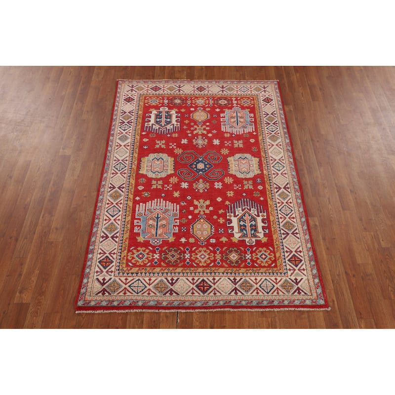 Red Geometric Kazak Oriental Accent Rug Hand-Knotted Wool Carpet - 4'3" x 6'0"