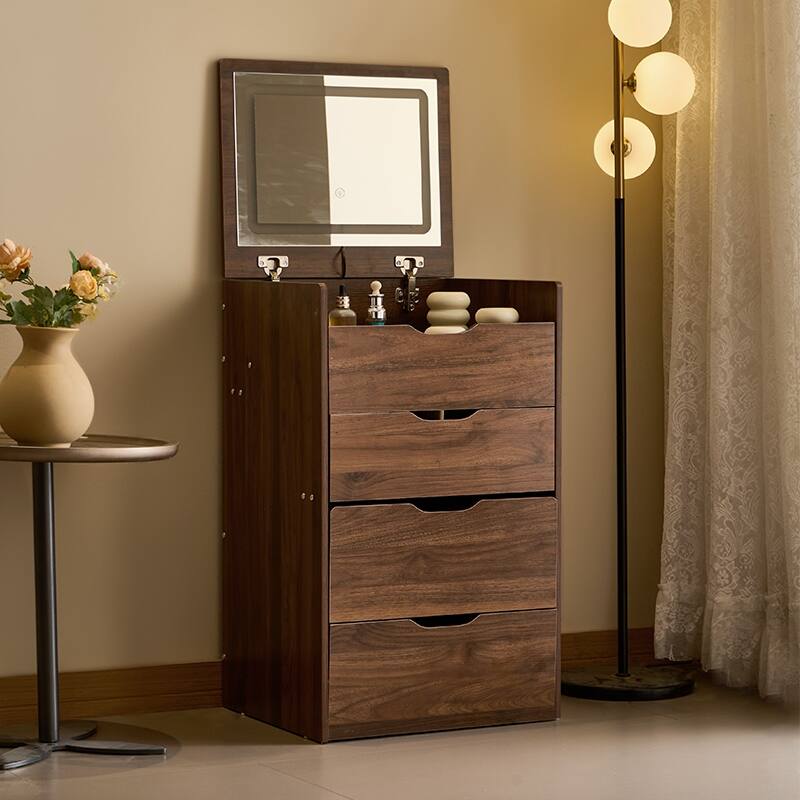 3 in 1 Vanity Desk with Plip-up Mirror & Lights, Glass Top Small Makeup Vanity, Makeup Desk with 3 Drawers & Storage Bench