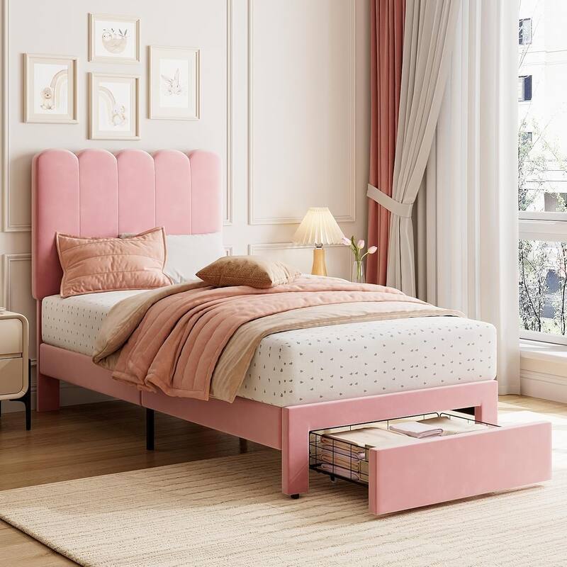 Twin Velvet Upholstered Platform Bed Frame with Wave Headboard & Drawer, No Box Spring Needed, Wood Slats, Noiseless - Twin - Pink