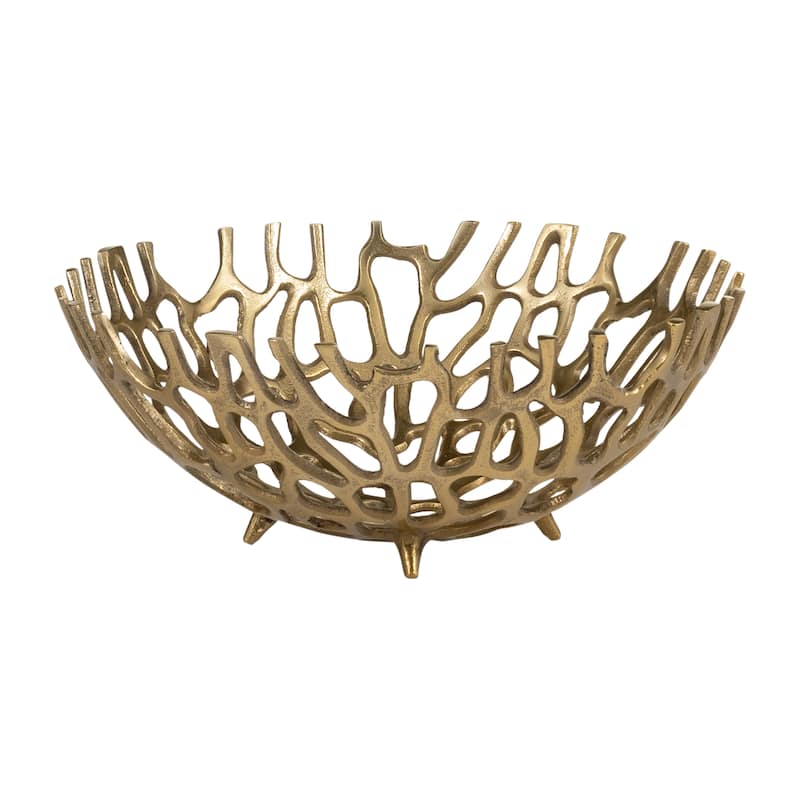 Set of 2 Metal Trays Contemporary Abstract Glam Cut-Out Trays in Metallic Gold 14" and 16" Aluminum Decorative Bowl