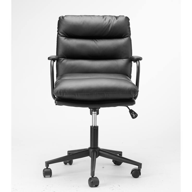 Black Mid Back Leather Office Chair with Arms and Wheels for Home Office