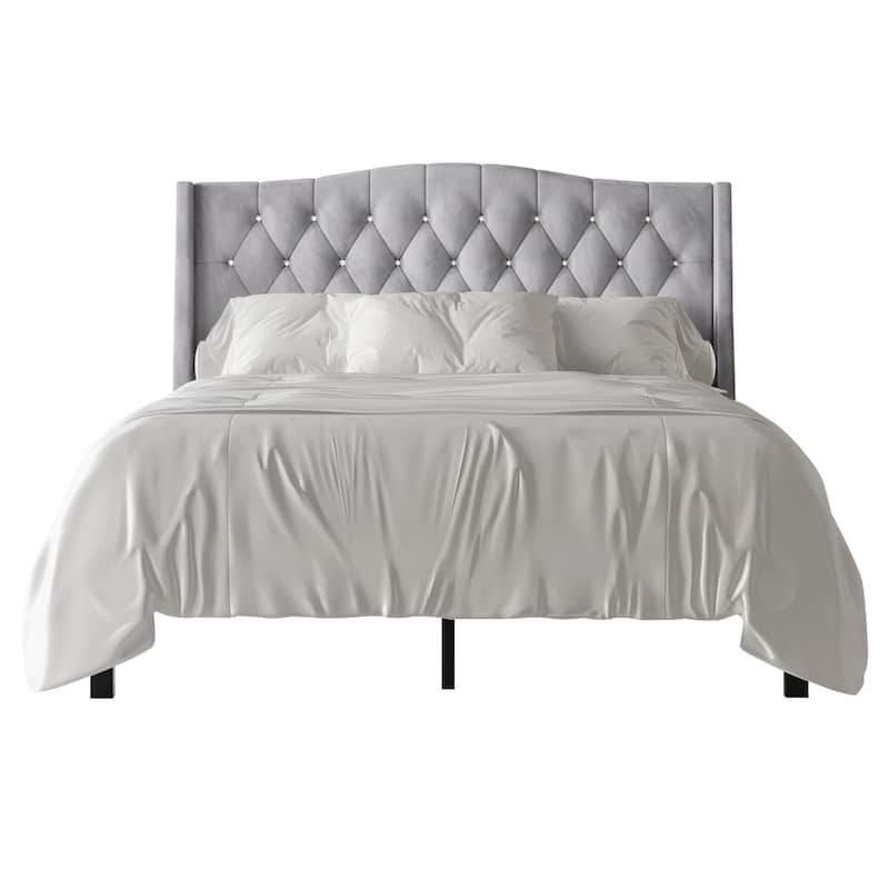 CraftPorch Glam Velvet Crystal Button Tufted Upholstered Platform Bed - Silver Grey - King