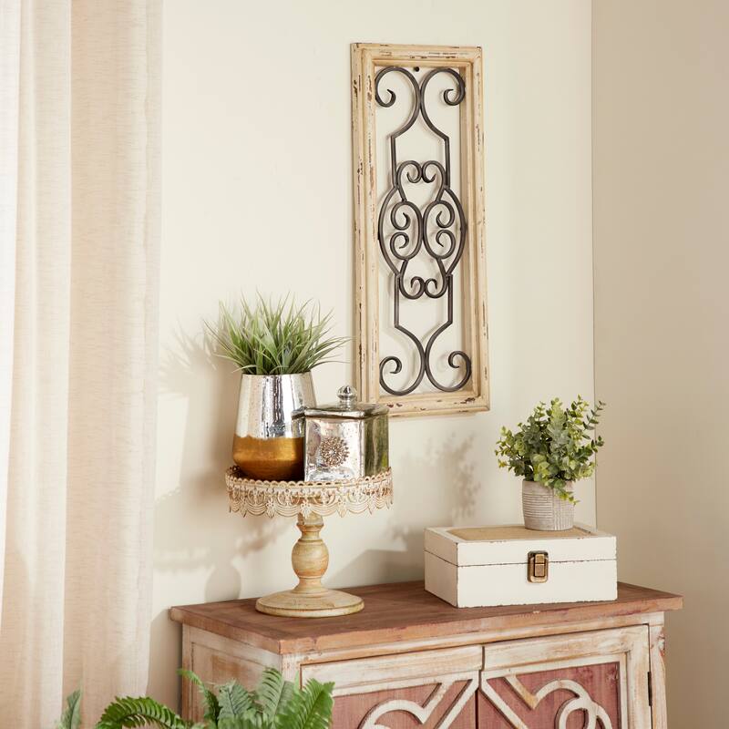 White Wood Small Panel Scroll Home Wall Decor with Black Metal Scrollwork - White