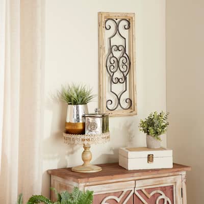 White Wood Small Panel Scroll Home Wall Decor with Black Metal Scrollwork