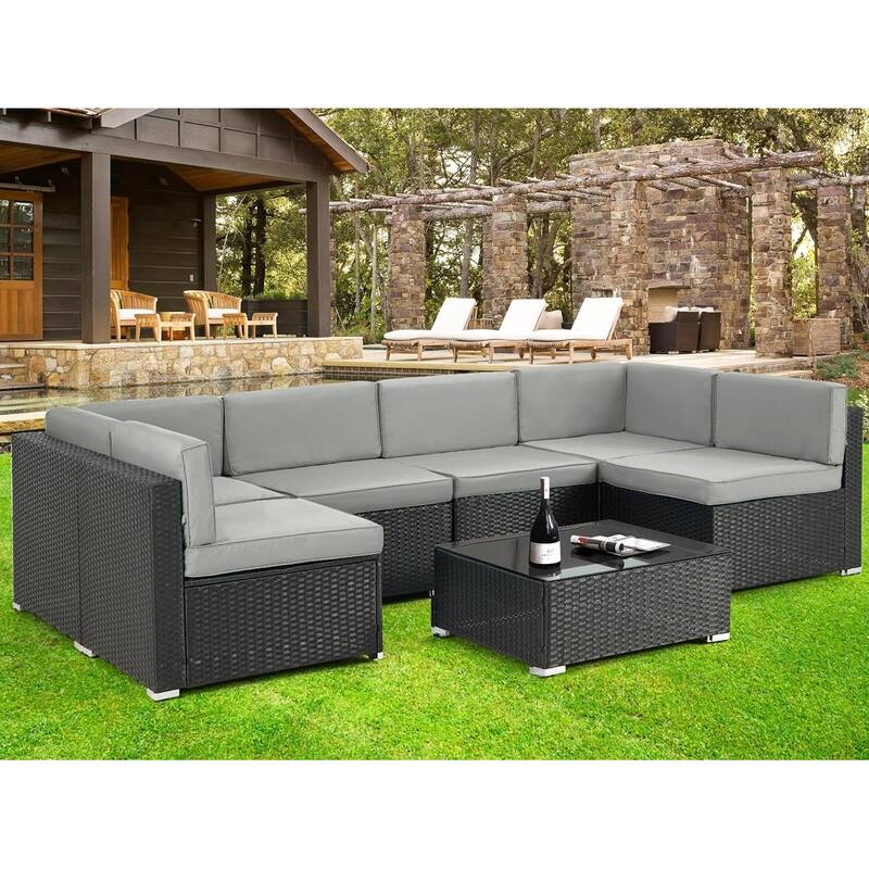 AECOJOY 7 Pieces Outdoor Sectional Sofa Wicker Rattan Conversation Set