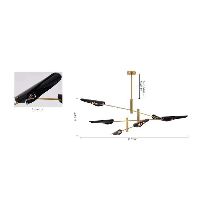 6-Light Brass Iron Chandelier With Smoke Black Tubed Shade