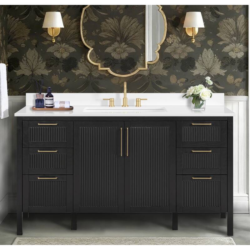 Luka Bathroom Vanity in Black Oak with White Engineered Stone Top - 61"W x 22"D x 35"H