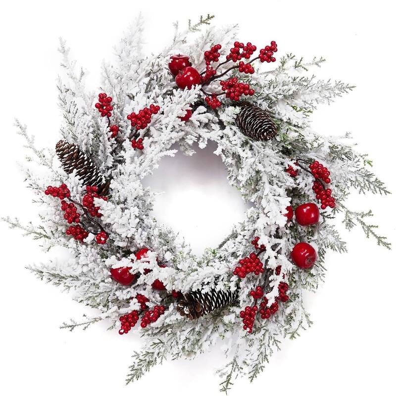 18 Inch Christmas White Snow Flocked Winter Wreath with Pine Cones - N/A - White