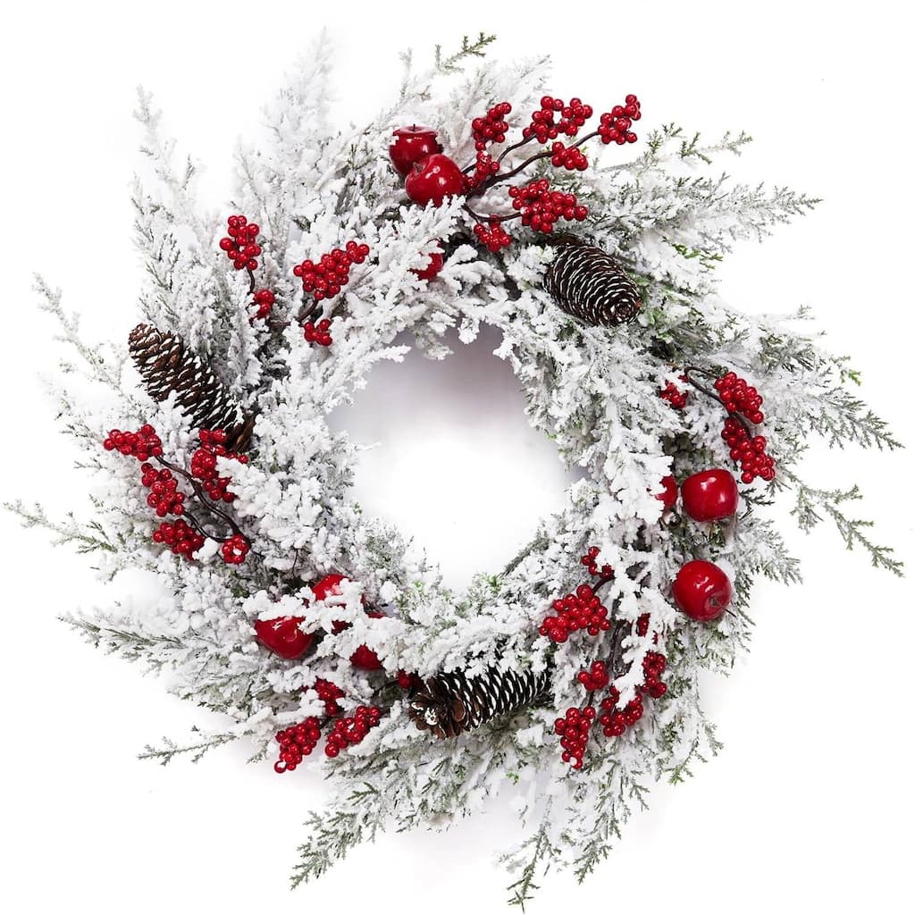 18 Inch Christmas White Snow Flocked Winter Wreath with Pine Cones - N/A