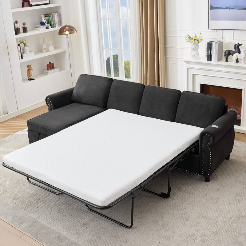 106.5" L-Shaped Flannelette Sectional Sofa with Pull-Out Bed