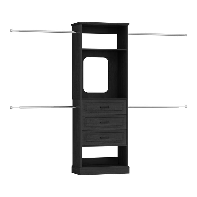90'' W Closet System with Extendable Hanging Rods & Mirror,Walk-in Closet Organizer System Starter Kit with Drawers