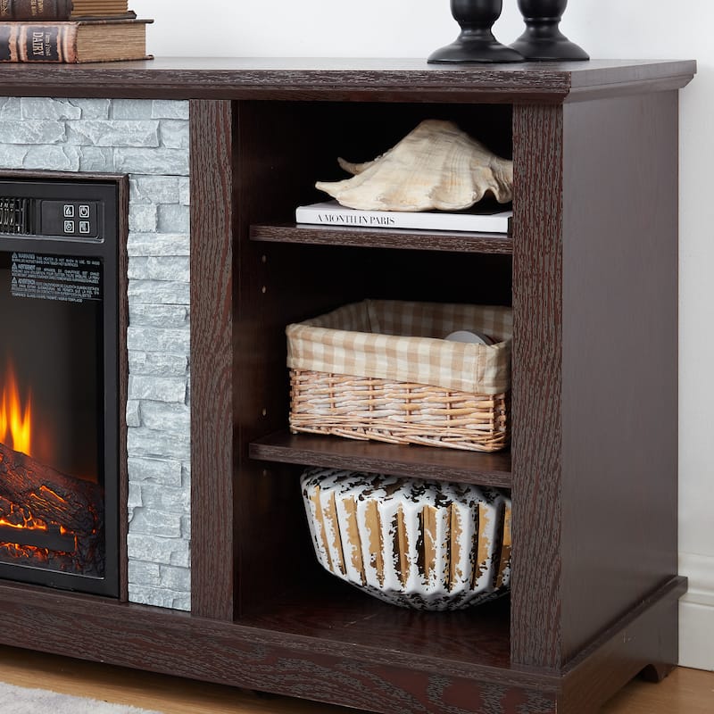 Electric Fireplace TV Stand with Faux Stone Mantel and Adjustable Shelves