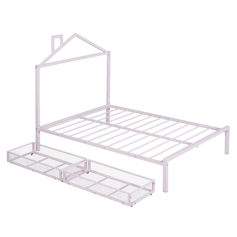 Full Size Metal Platform Bed with Two Drawers and House-Shaped Headboard