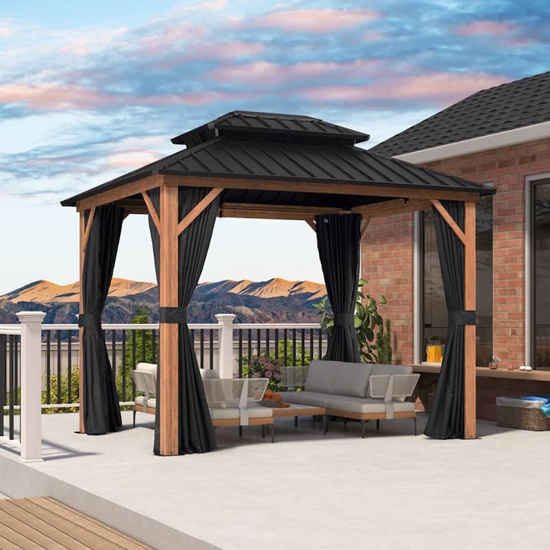 PURPLE LEAF Double Top Outdoor Sunroom Screen House Patio Hardtop Gazebo Wood Grain - 08 x 10ft - Wood Grain Gazebos