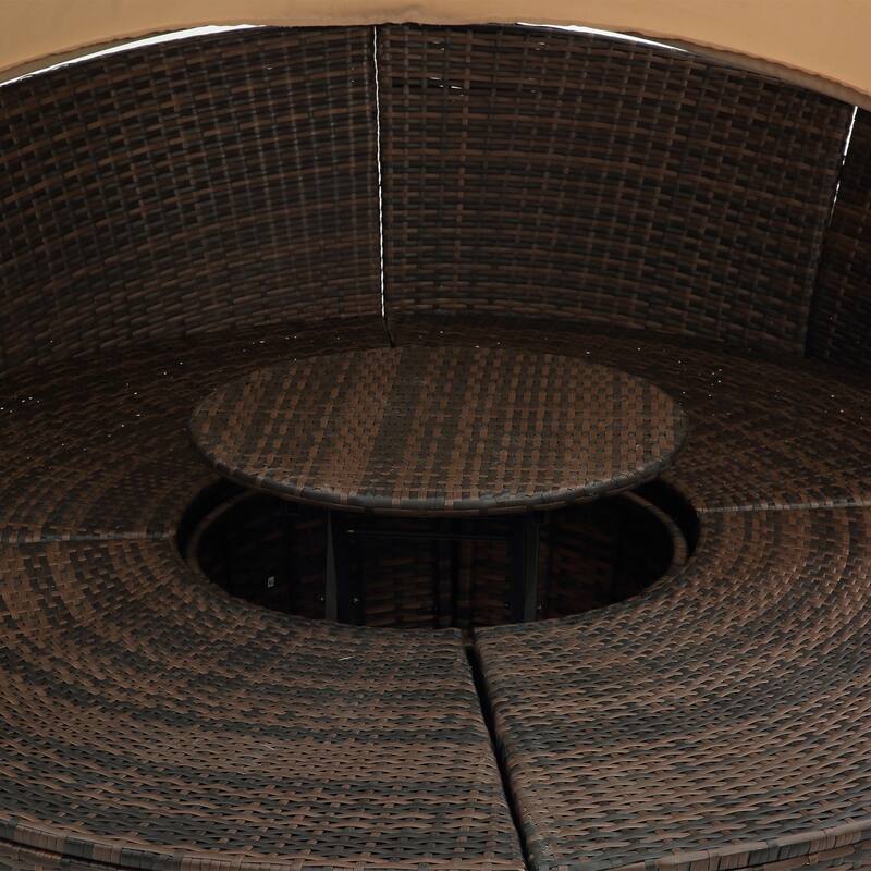 Round Outdoor Rattan Daybed with Adjustable Canopy, with Navy Cushions and Lift Coffee Table