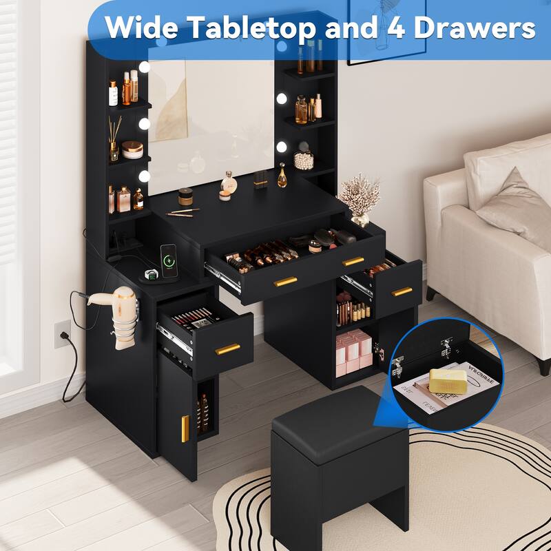 9 LED Vanity Desk Makeup Dressing Table Set With Lighted Mirror & Power Outlets - 43.3"L x 15.7"W x 55.1"H