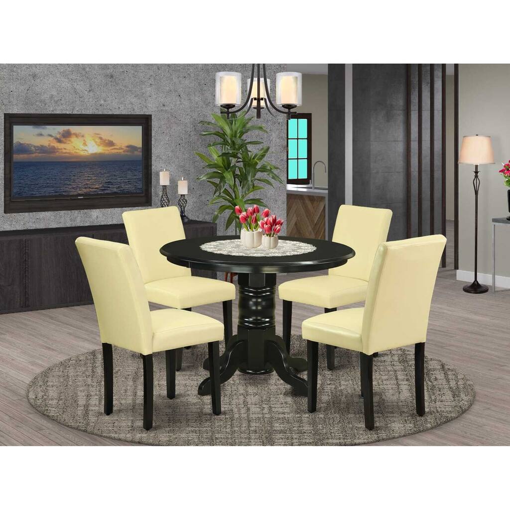HomeStock 5-Piece Round Black Finish Solid Wood Top Dining Table with 4 Parson Chair with Lattice Back