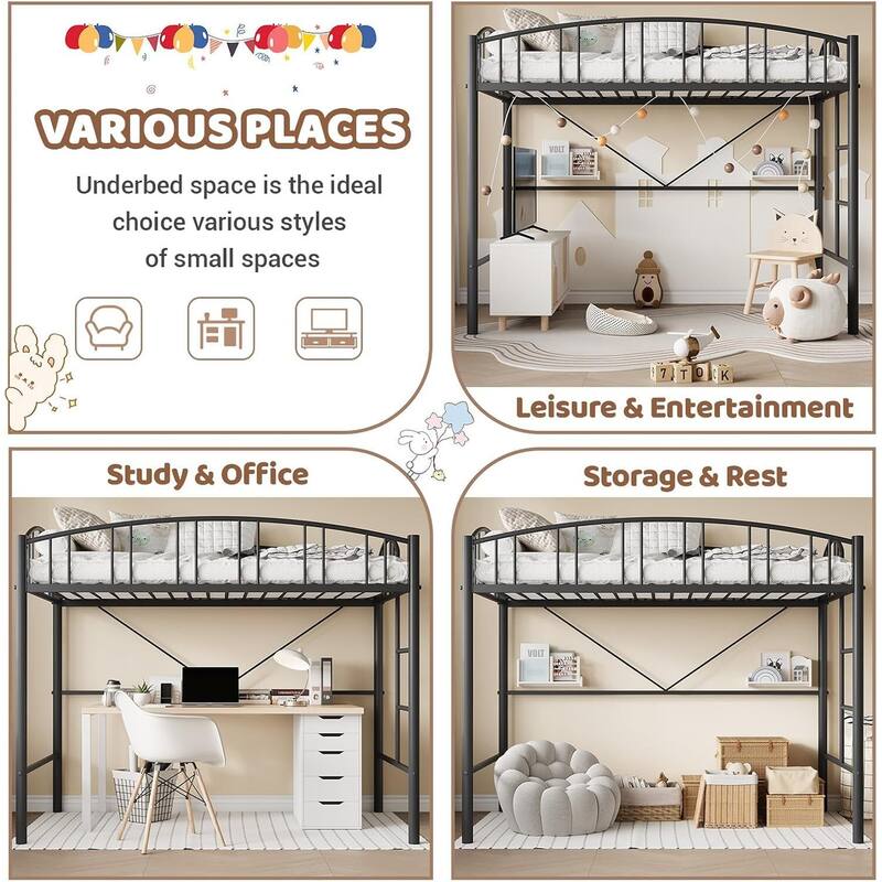 Space-Saving Twin Metal Loft Bed Frame, Safety Ladder, No Box Spring Needed