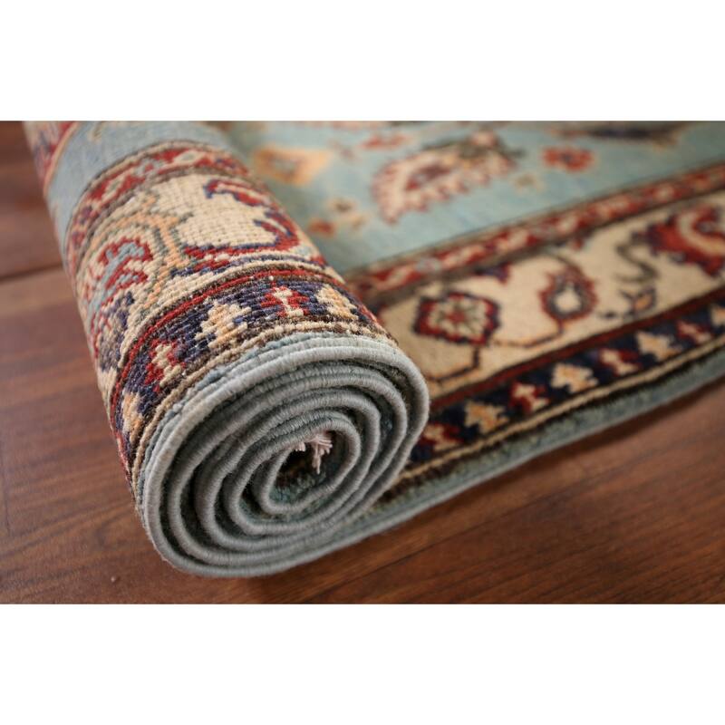 Light Blue Floral Kazak Oriental Runner Rug Hand-Knotted Wool Carpet - 2'1" x 5'11"