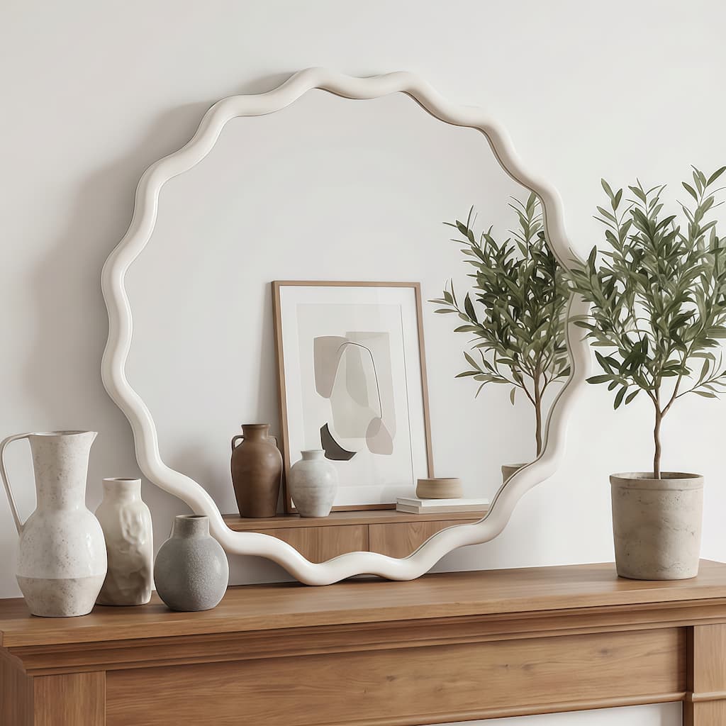 24 inch Wavy Round Solid Wood Frame Decorative Mirror,For Bedroom, Bathroom, Living Room, Entryway