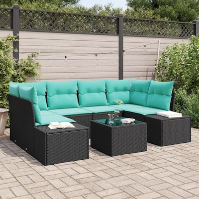 vidaXL 7 Garden Sofa Set with Cushions Black Poly Rattan - 92.1 x 60.6 x 27.2