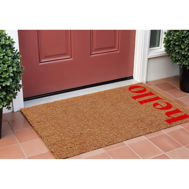 HomeRoots 17" X 29" Natural And Red Hello Outdoor Coir Door Mat - 17' X '29 - 17' X '29
