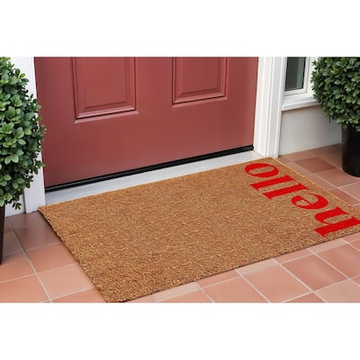 HomeRoots 17" X 29" Natural And Red Hello Outdoor Coir Door Mat - 17' X '29