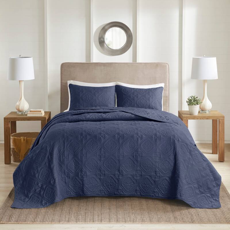 510 Design Hayley Oversized Solid Texture 3 Piece Reversible Bedspread Set - Navy - Queen