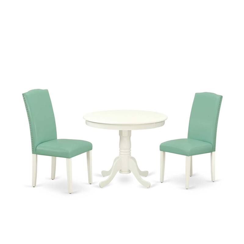 Round Dining Table Set - 36 Inch Table with 2 Parsons Chairs - Linen White Legs, Pond PU Leather