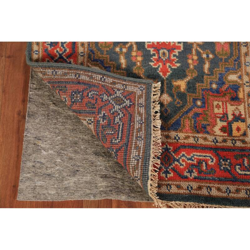 Teal Geometric Heriz Serapi Indian Foyer Rug Handmade Wool Carpet - 2'11"x 5'2"