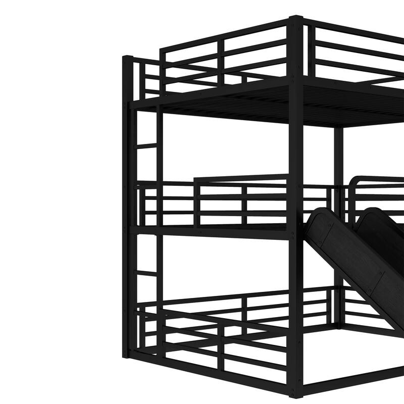 Queen over Queen over Queen Bunk Bed with Slide, Metal Triple Bunk Bed with Safety Guardrails, Noise-reduced Design, Black