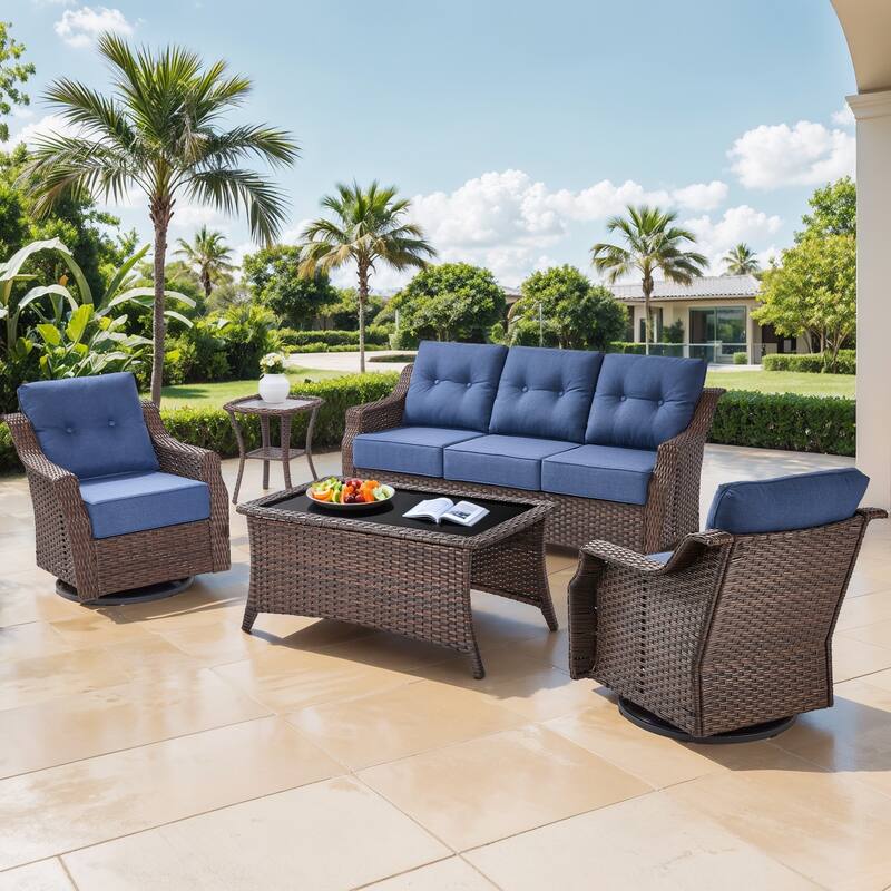 Gymojoy Wicker Patio Furniture Sofa Set, 6-Inch Ultra Thick Cushioned 360°Swivel Glider Chairs & Sofa Set
