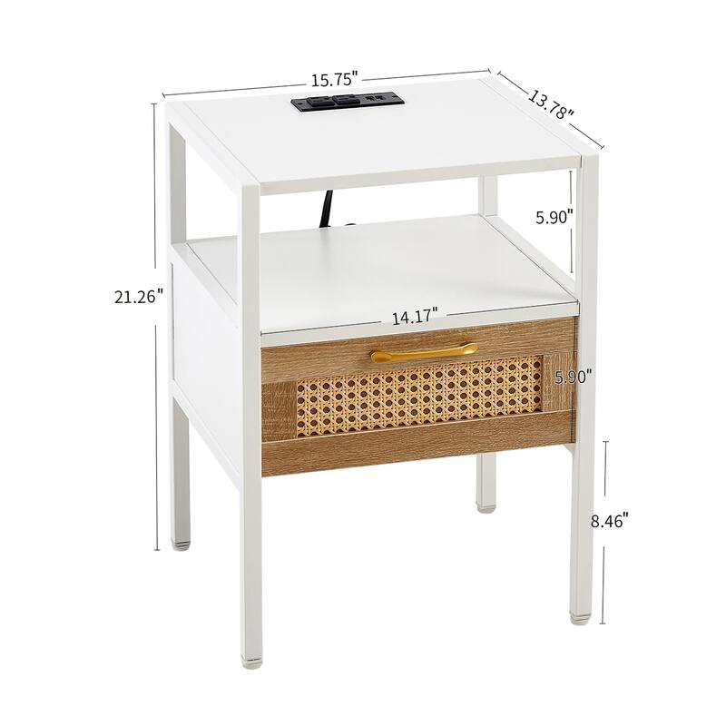 Set of 2 Rattan End table with Power Outlet and USB Ports