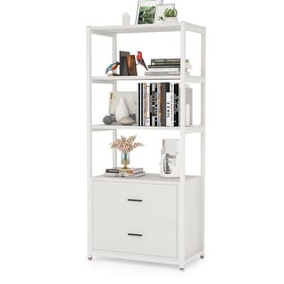 4-Tier White Bookshelf with 2 Drawers, Etagere Standard Book Shelves Display Shelf for Home Office - 60”H x 23.6”L x 15.7”W