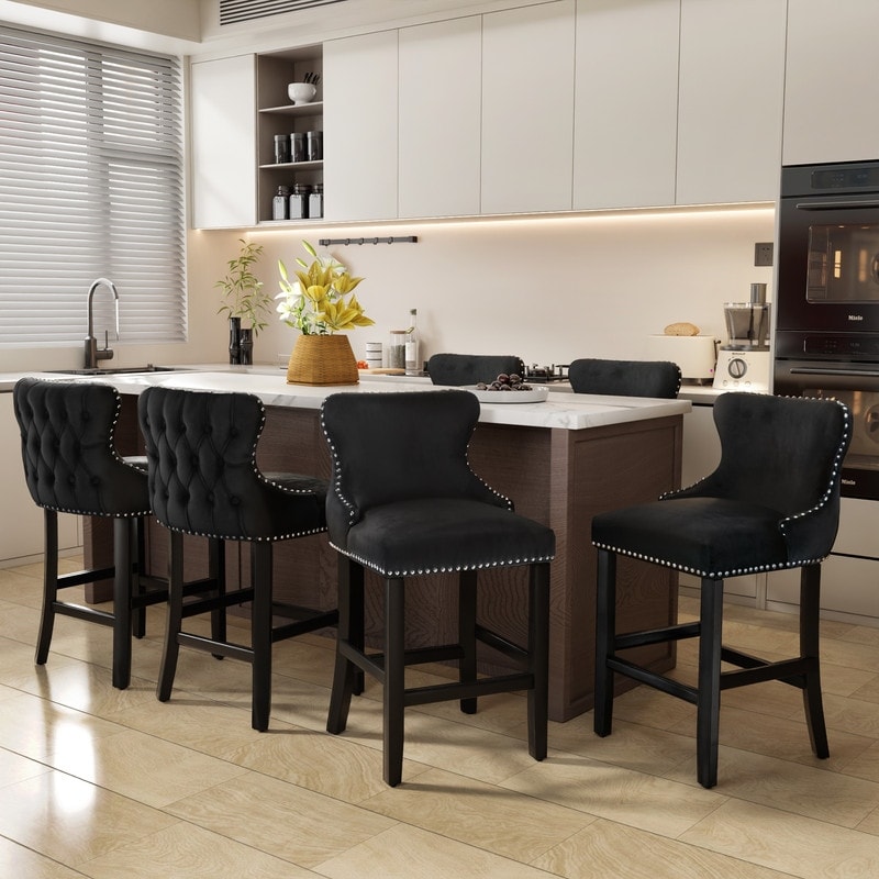 Button Tufted Velvet Wing Back Barstools Set of 6