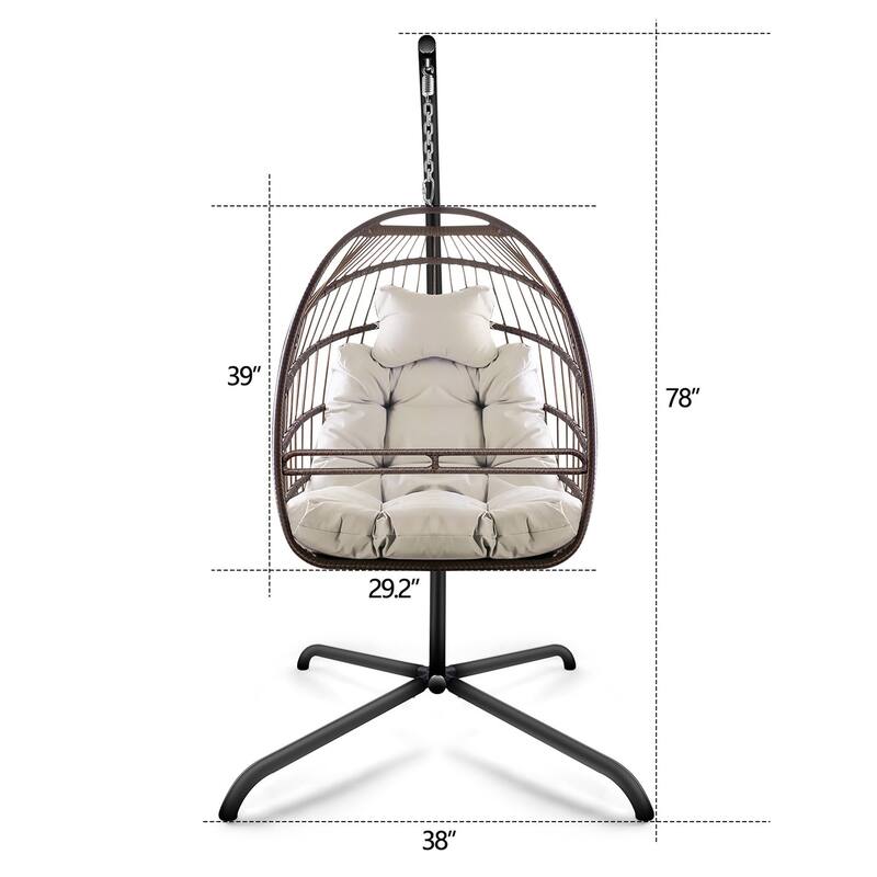 43 in. W x 43 in. D x 77 in. H 1-Person Metal Patio Basket Hanging Swing with Brown Cushions