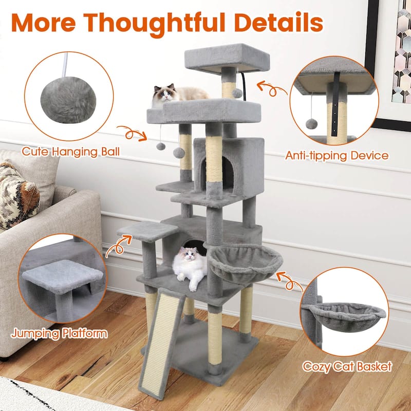 Costway 65” Tall Multi-level Cat Tree with 3 Upholstered Top Perch 2 - See Details